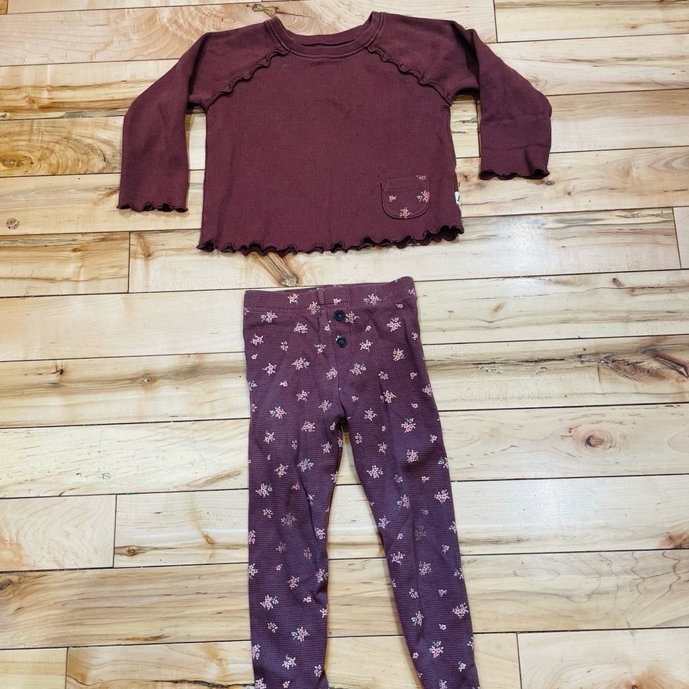 Easy Peasy Girls Brown Floral set pants and thermal shirt 3T